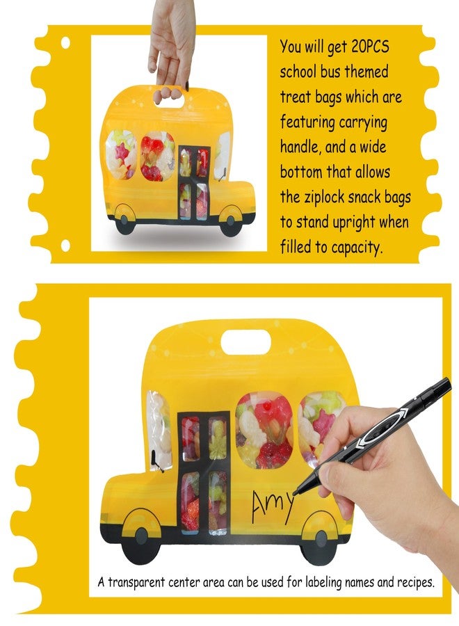 AOKELEON 20 Pcs Yellow School Bus Goodie Bags Plastic Gift Candy Bags with Handle Resealable Ziplock Treat Bags with Stand-up Bottom Back To School Party Favor Birthday Bags For Kids - Image 4